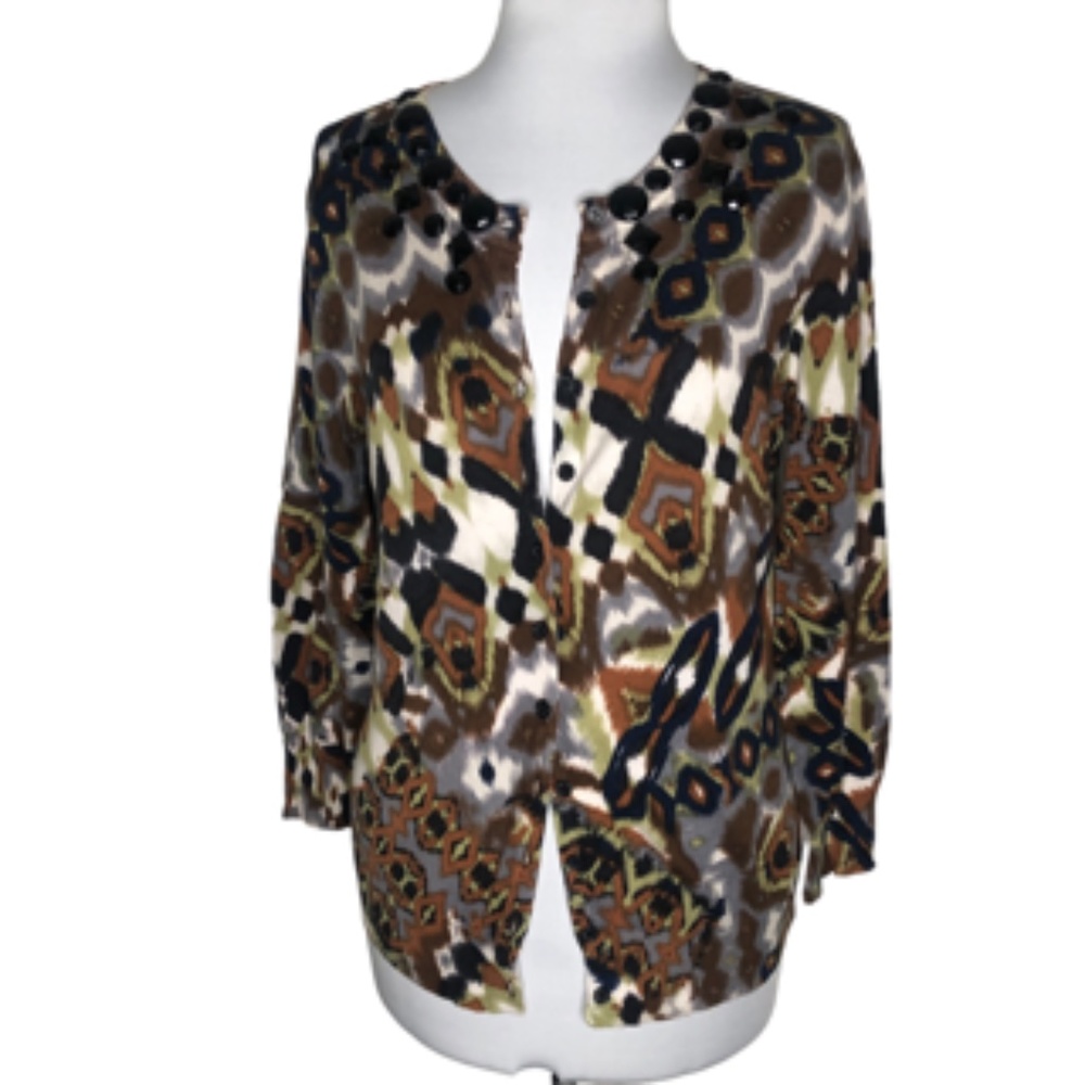 No Brand Label Abstract 3/4 Sleeve Beaded Button Front Cardigan Sweater Size L